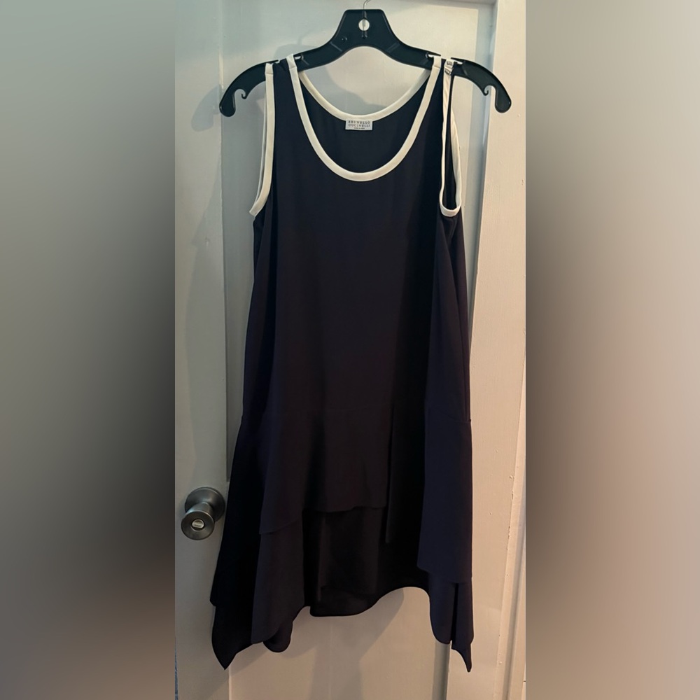 Brunello Cucinelli navy blue Dress with Cream Trim